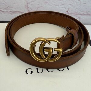 Authentic Gucci Marmont Double G Slim Raw Edge Brown Belt 409417 100/40